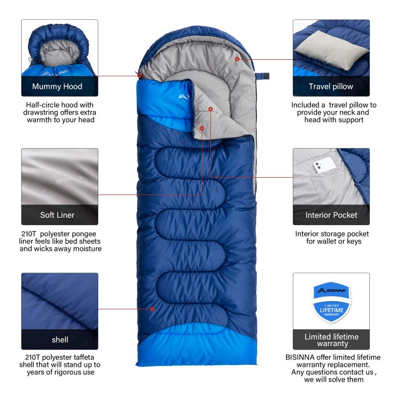 BISINNA Sleeping Bag with Pillow - 4 Season Backpacking Sleeping Bag Lightweight Waterproof Warm and Washable for Adults, Kids, Women, Men's Outdoors Camping, Hiking, Mountaineering - Image 3